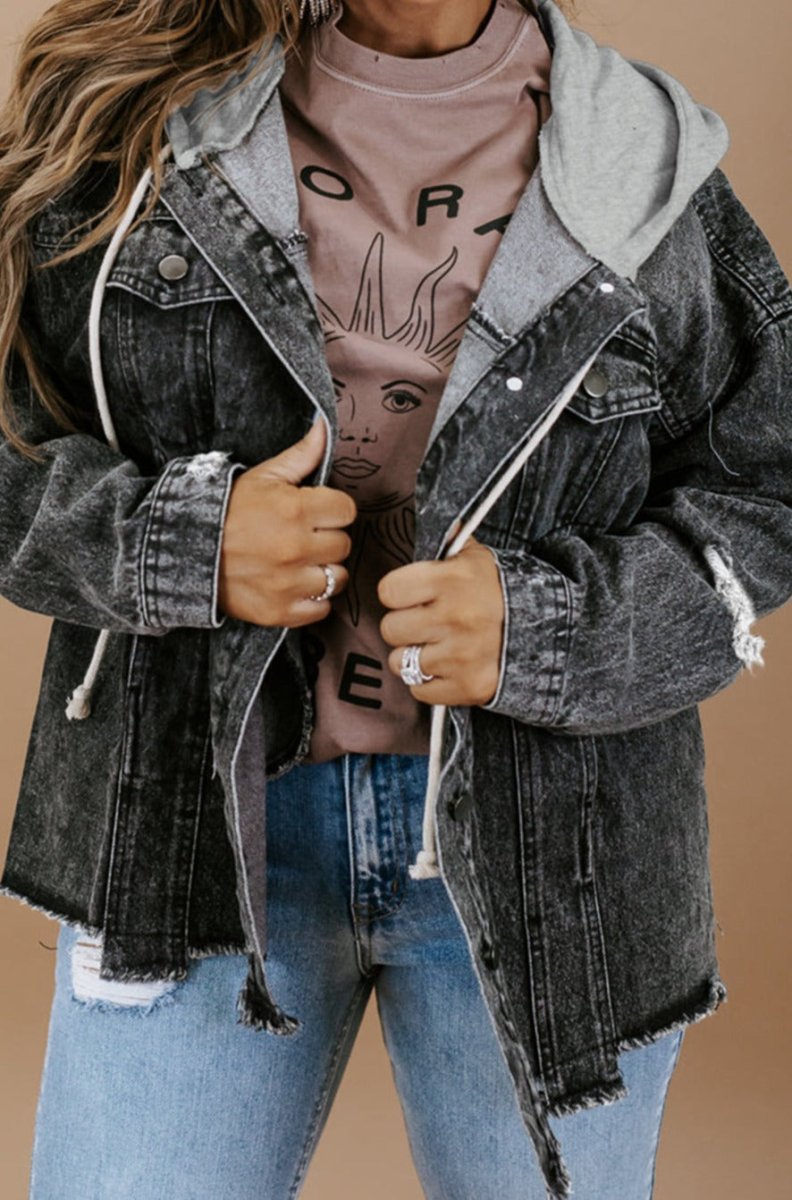 Hooded drawstring denim jacket best sale