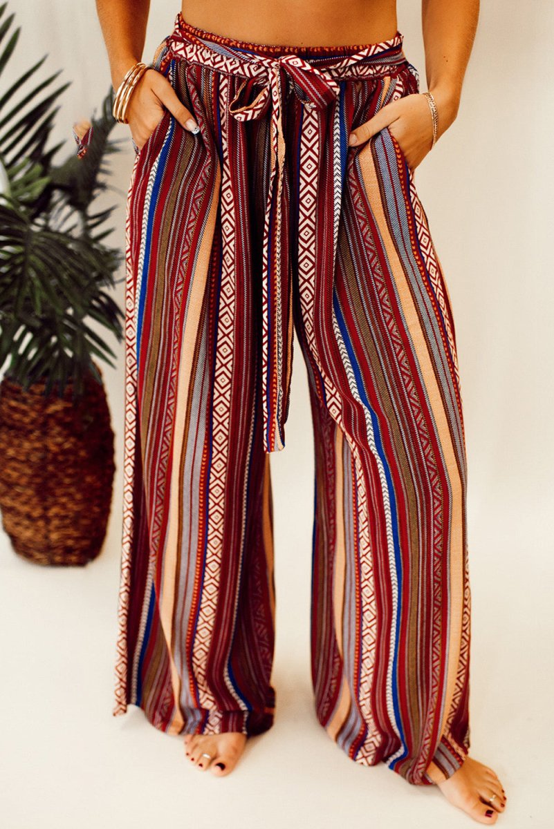 Georgia Boho Ethnic Striped Print Tie Waist Wide Leg Pants Rebel