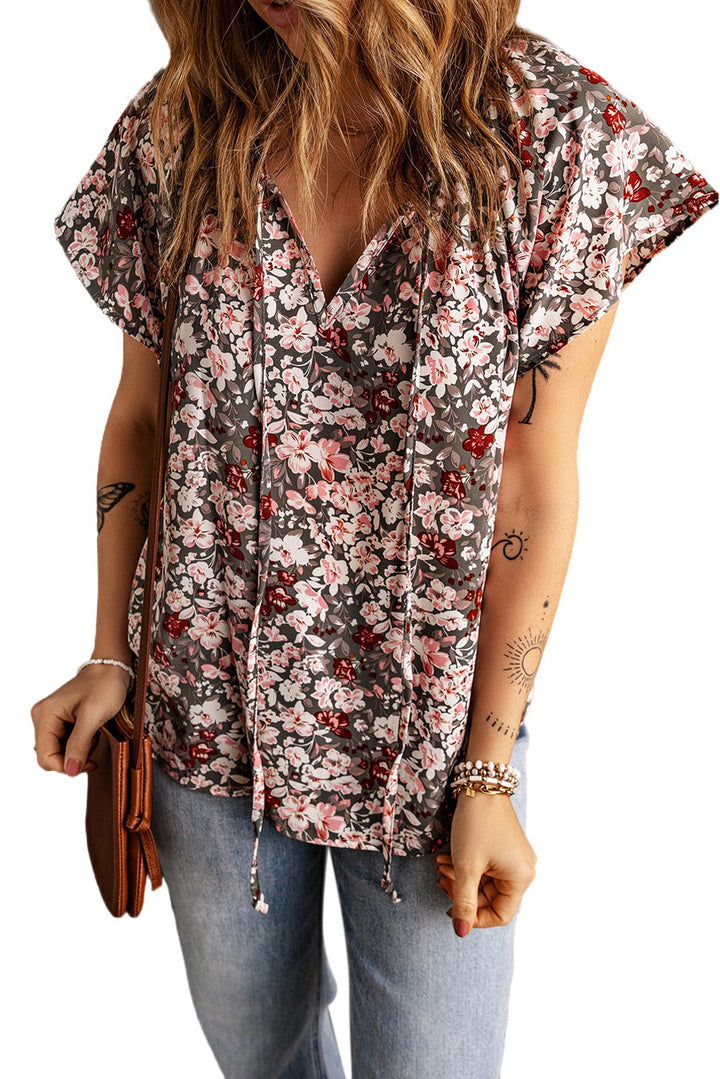 Flourish V-neck Short Sleeve Fashion Print Fantasy Fluttering Blouse - Rebel Nomad