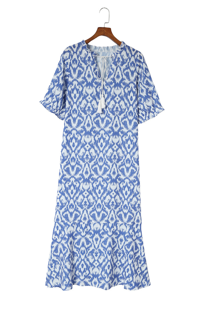 Wisteria Sky Blue V Neck Casual Geometric Print Maxi Dress - Rebel Nomad