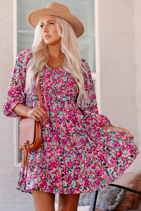 Arina Smocked V-neck Puffy Sleeve Floral Dress