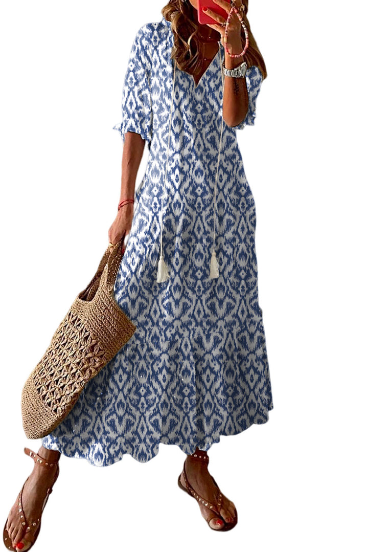 Wisteria Sky Blue V Neck Casual Geometric Print Maxi Dress - Rebel Nomad