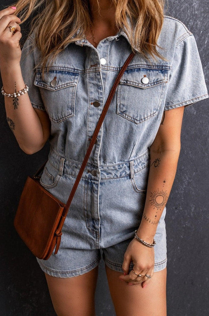 Jesusa Vintage Washed Buttons Pocketed Denim Romper - Rebel Nomad