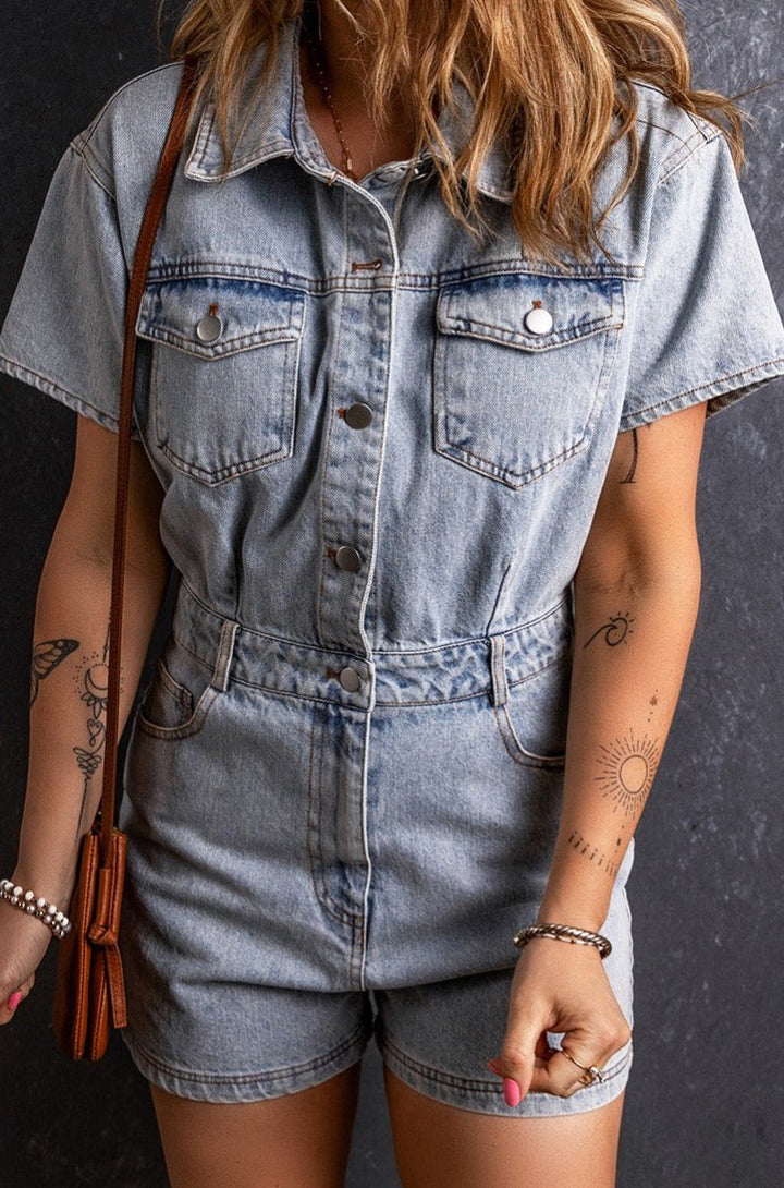 Jesusa Vintage Washed Buttons Pocketed Denim Romper - Rebel Nomad