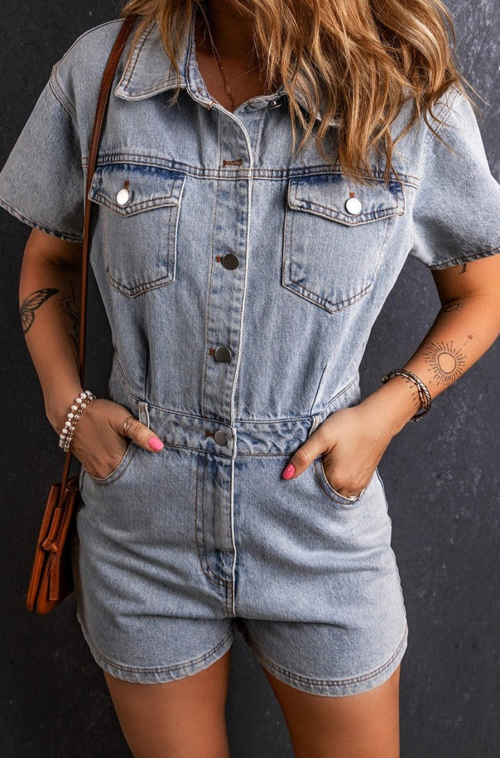 Jesusa Vintage Washed Buttons Pocketed Denim Romper - Rebel Nomad