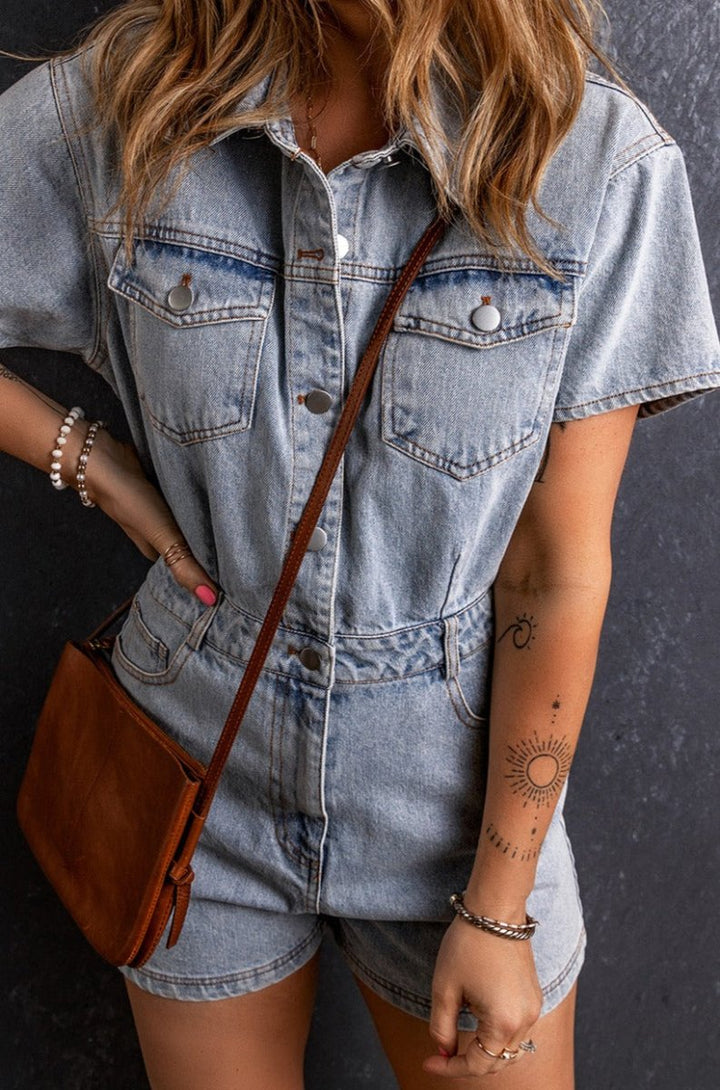 Jesusa Vintage Washed Buttons Pocketed Denim Romper - Rebel Nomad