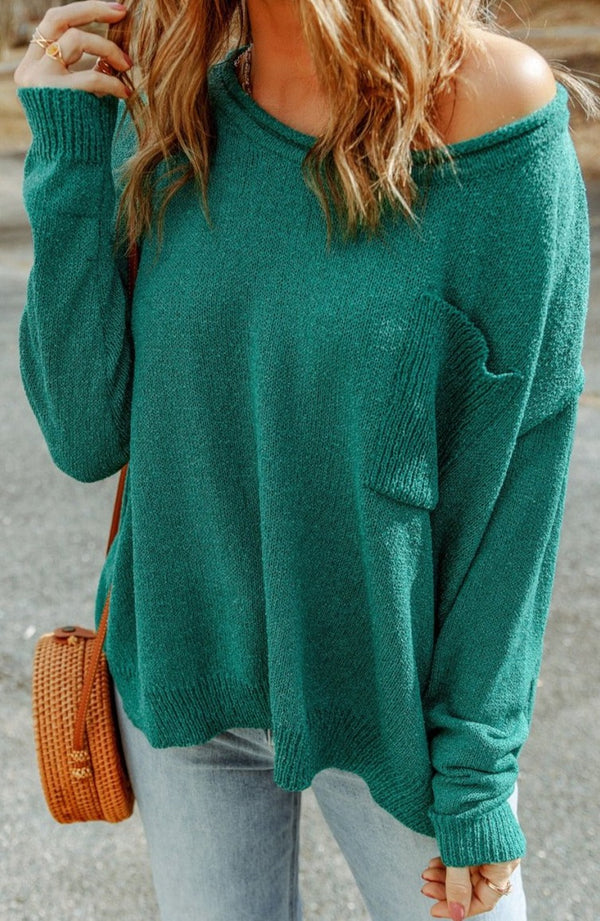Addie Solid Color Off Shoulder Rib Knit Sweater with Pocket - Rebel Nomad
