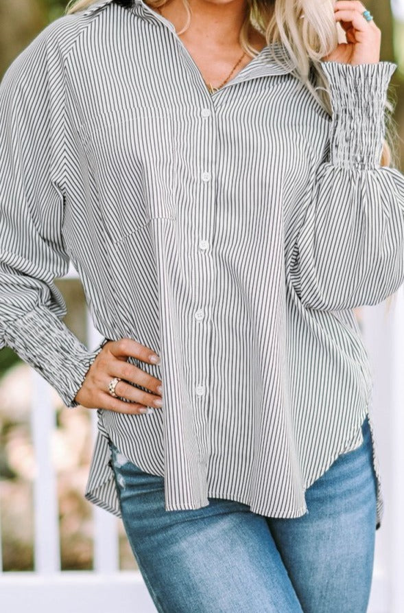 Adina Smocked Cuffed Striped Boyfriend Shirt with Pocket - Rebel Nomad