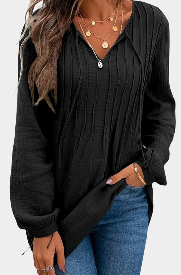 Adriene Casual Pleated V Neck Textured Loose Blouse - Rebel Nomad