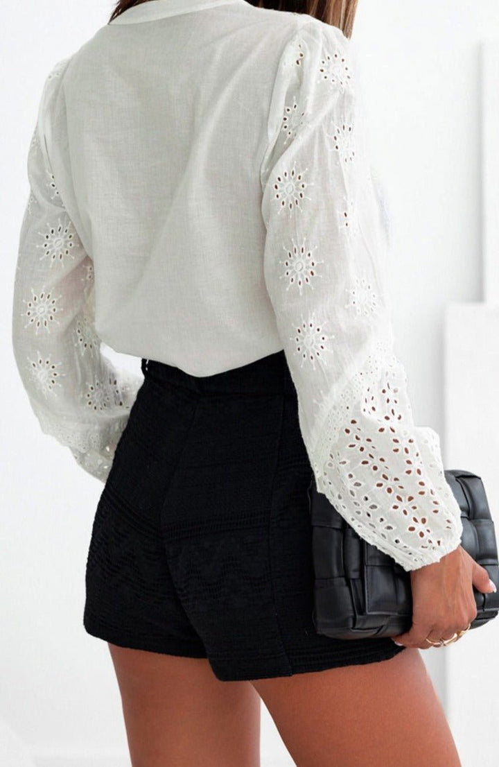 Aicha Eyelet Lace Puff Sleeve Split Neck Blouse - Rebel Nomad