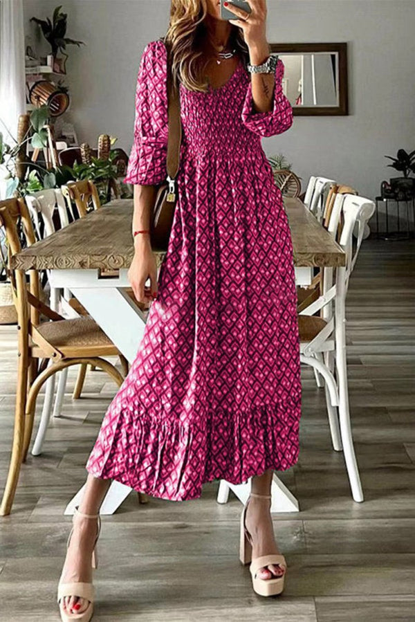 Alana Geometric Print Shirred V Neck High Waist Long Dress - Rebel Nomad