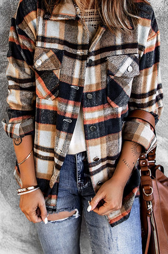 Alease Geometric Plaid Print Pocketed Shacket - Rebel Nomad