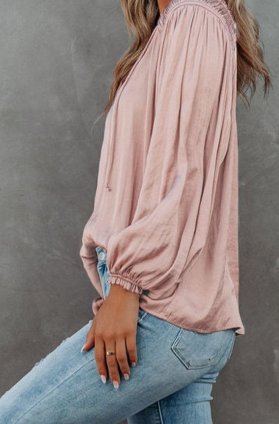 Aleisha Pleated Balloon Sleeve Drawstring V-Neck Blouse - Rebel Nomad