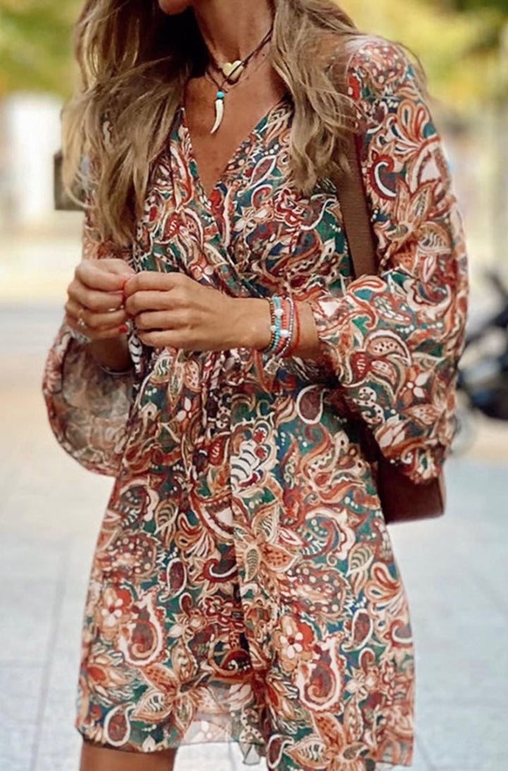 Algieba Geometric Print Long Sleeve Surplice Flowy Dress - Rebel Nomad