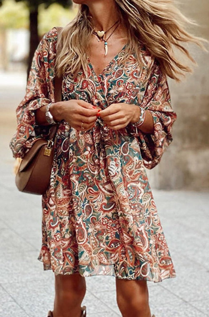 Algieba Geometric Print Long Sleeve Surplice Flowy Dress - Rebel Nomad