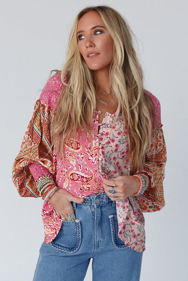 Alline Mixed Floral Printed Puff Sleeve V-Neck Shirt - Rebel Nomad