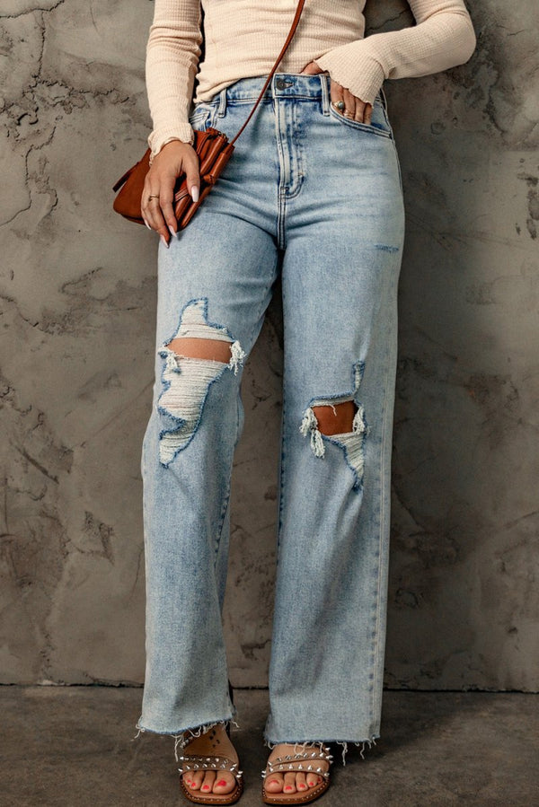 Aloysia Distressed Frayed Hem Holed Straight Leg Loose Jeans - Rebel Nomad