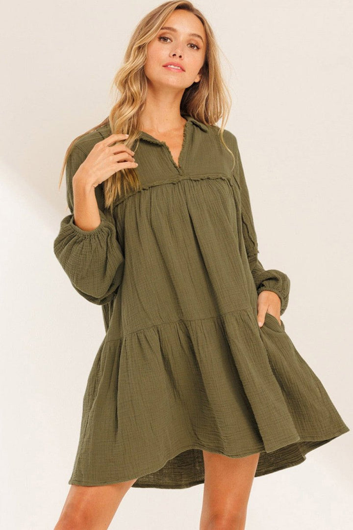 Altagracia Frayed Trim Split Neck Puff Sleeve Flared Dress - Rebel Nomad