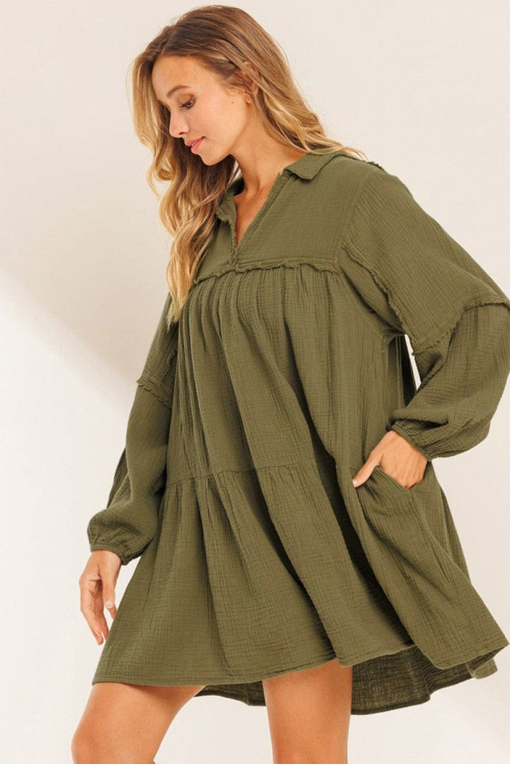 Altagracia Frayed Trim Split Neck Puff Sleeve Flared Dress - Rebel Nomad