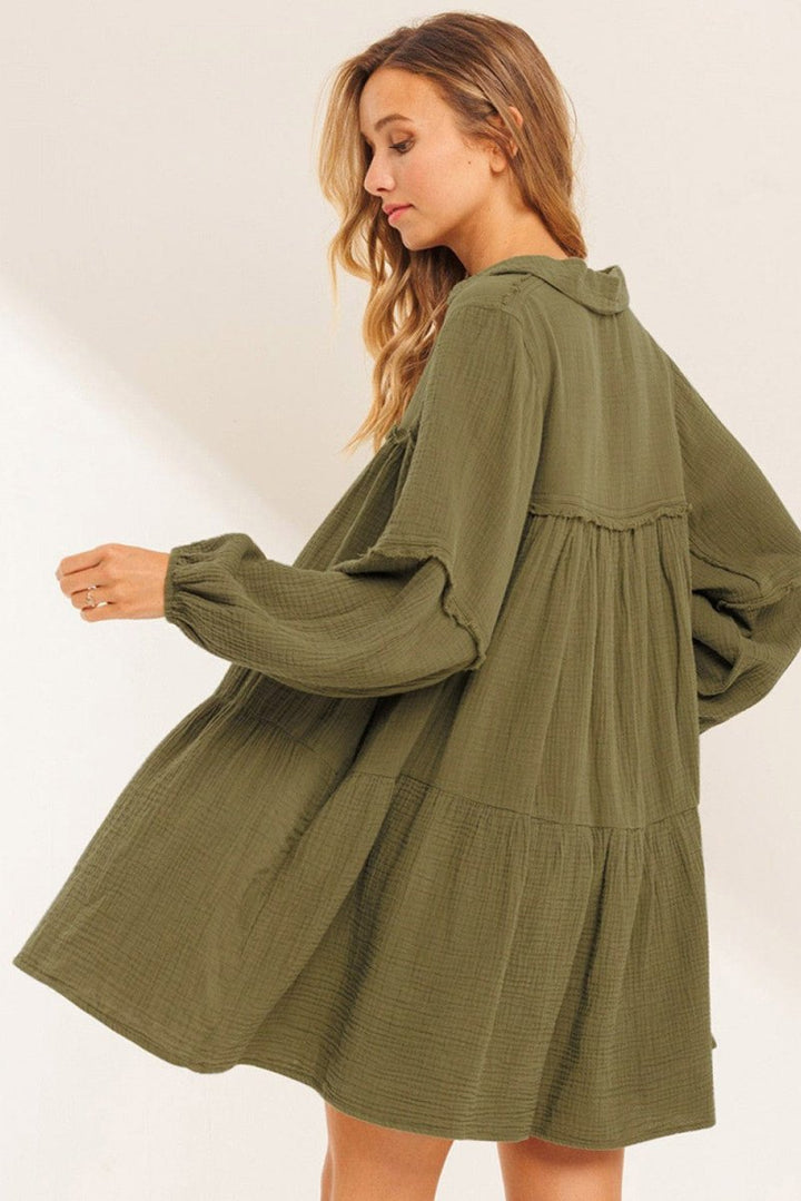 Altagracia Frayed Trim Split Neck Puff Sleeve Flared Dress - Rebel Nomad