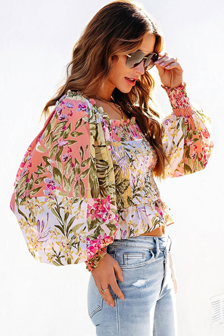 Amadea Smocked Floral Frilled Trim Square Neck Blouse - Rebel Nomad