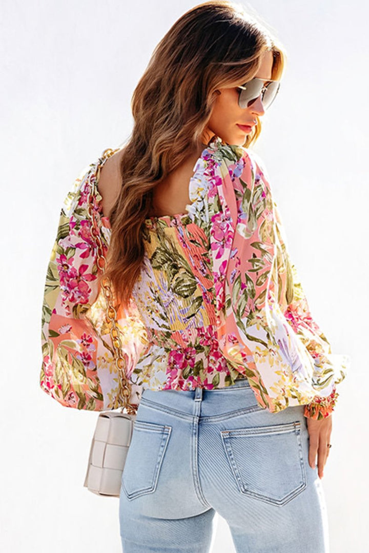 Amadea Smocked Floral Frilled Trim Square Neck Blouse - Rebel Nomad