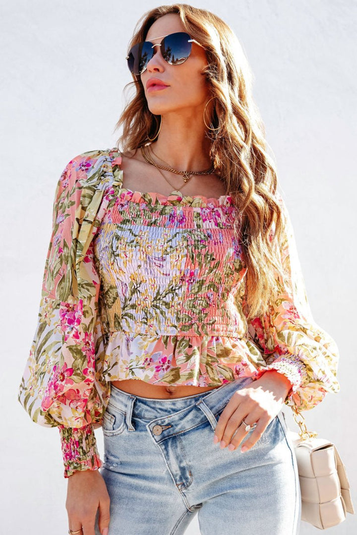 Amadea Smocked Floral Frilled Trim Square Neck Blouse - Rebel Nomad