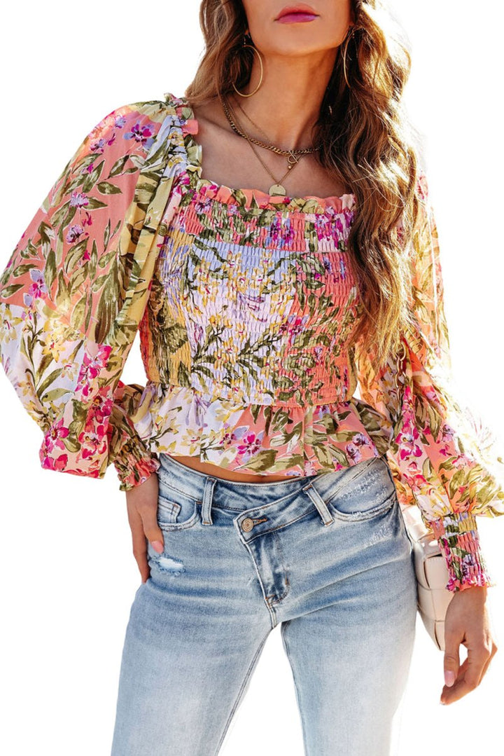 Amadea Smocked Floral Frilled Trim Square Neck Blouse - Rebel Nomad