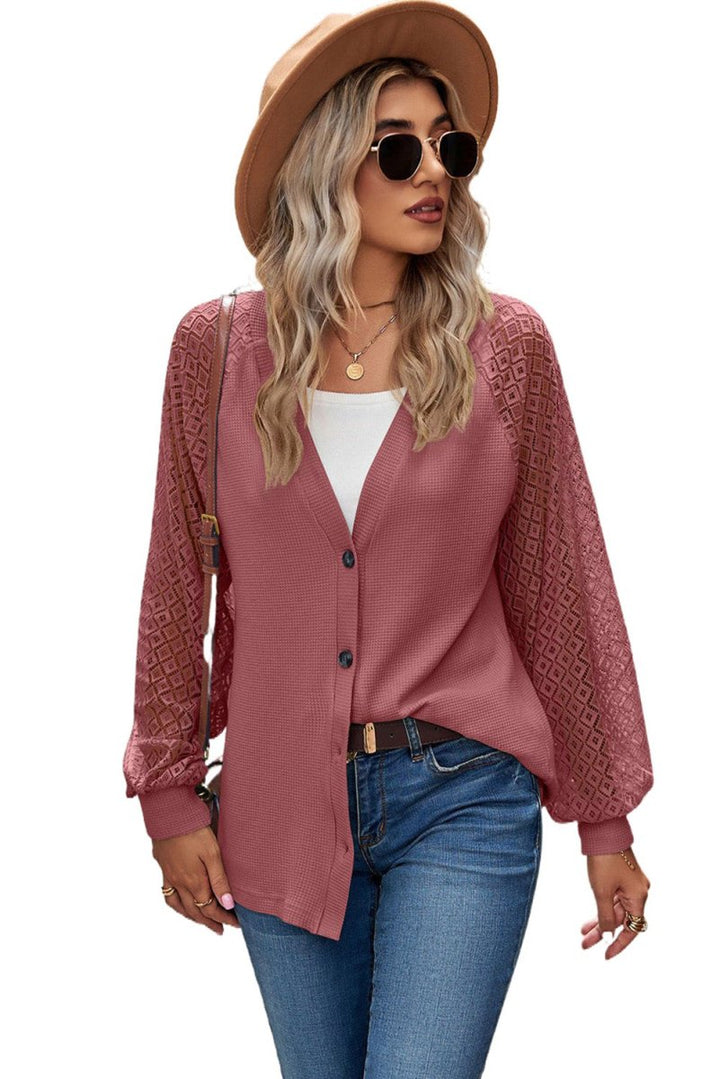 Amanda Waffled Knit Lace Long Sleeve Buttoned Cardigan - Rebel Nomad