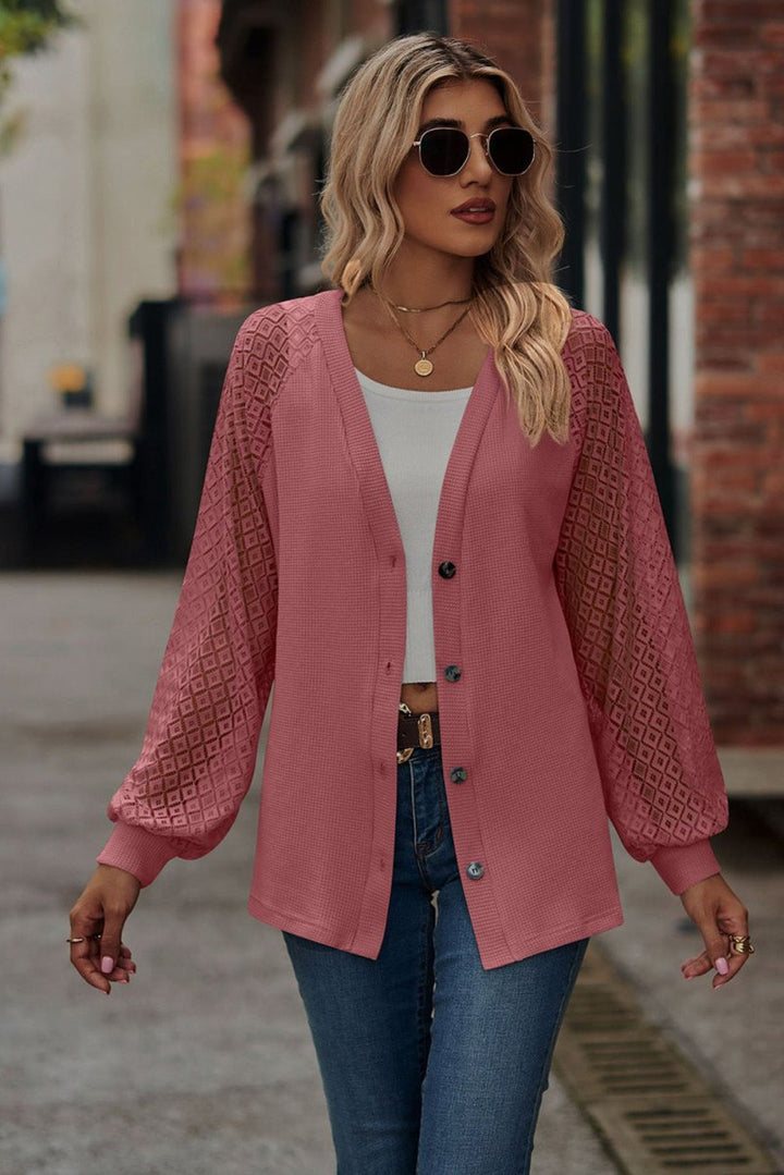 Amanda Waffled Knit Lace Long Sleeve Buttoned Cardigan - Rebel Nomad