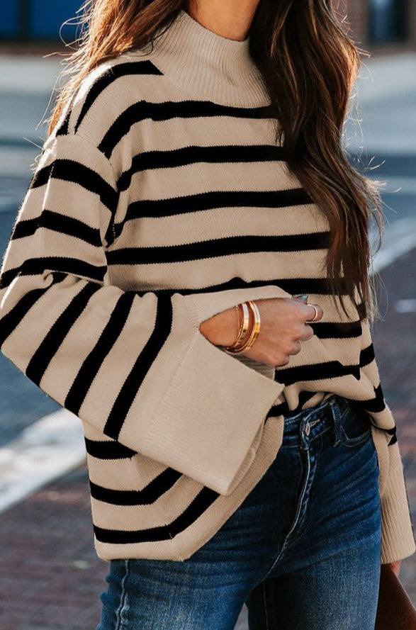 Amayah Striped Mock Neck Bell Sleeve Knit Sweater - Rebel Nomad