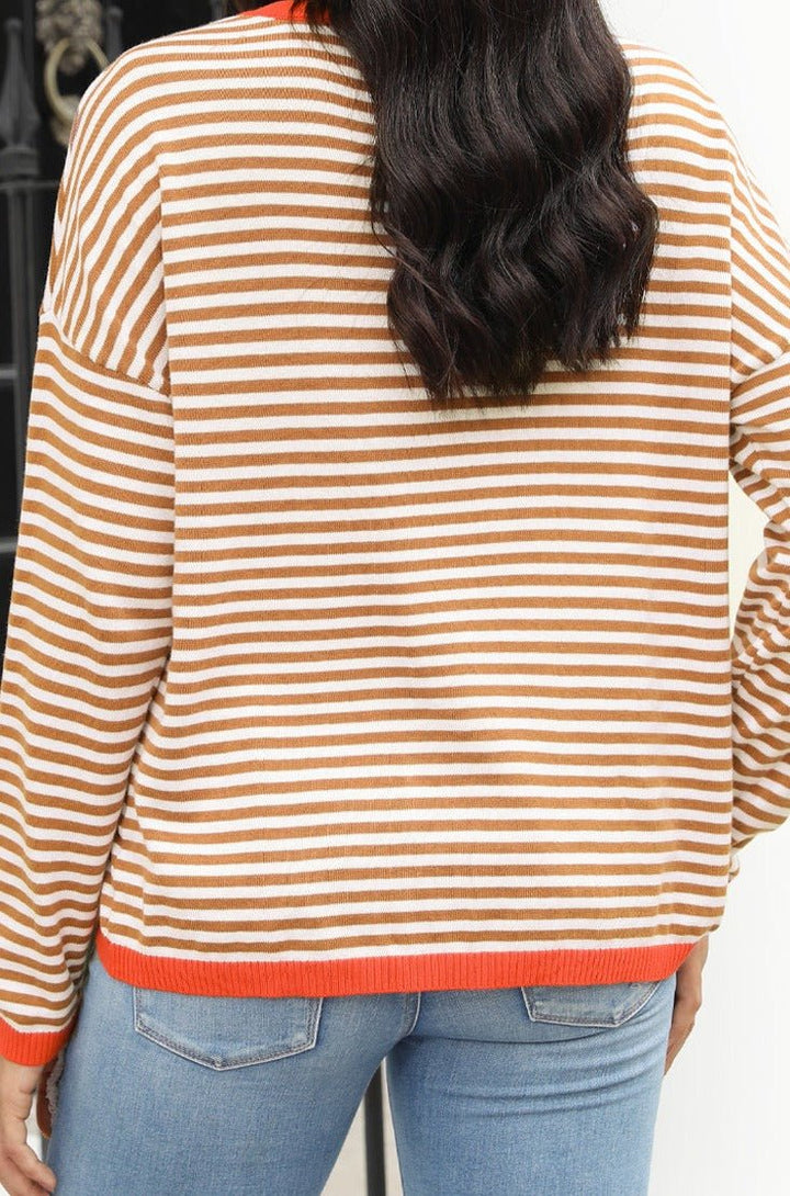 Amia Contrast Trimmed Striped Drop Shoulder Sweater - Rebel Nomad