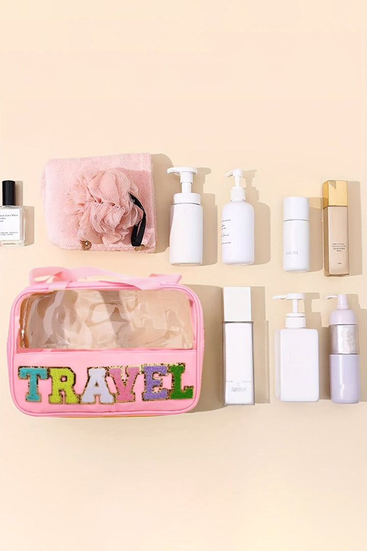 Anamaria "TRAVEL" Chenille Letter Clear PVC Makeup Bag - Rebel Nomad