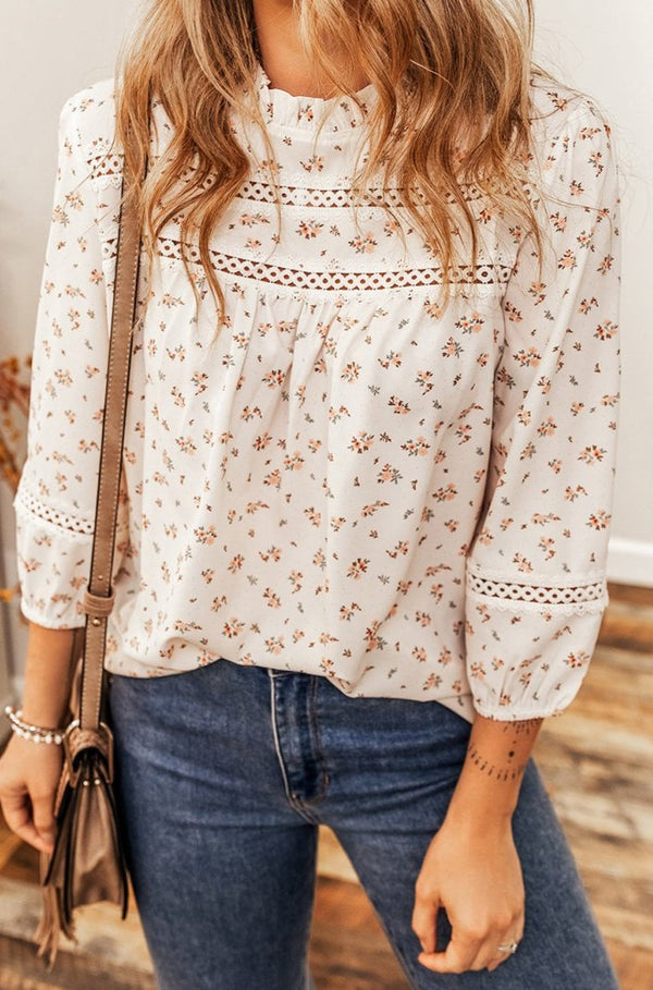 Angelena Boho Floral Lace Eyelet Mock Neck Blouse - Rebel Nomad