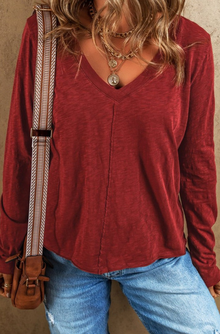 Angelia V Neck Center Seam Long Sleeve Tee - Rebel Nomad