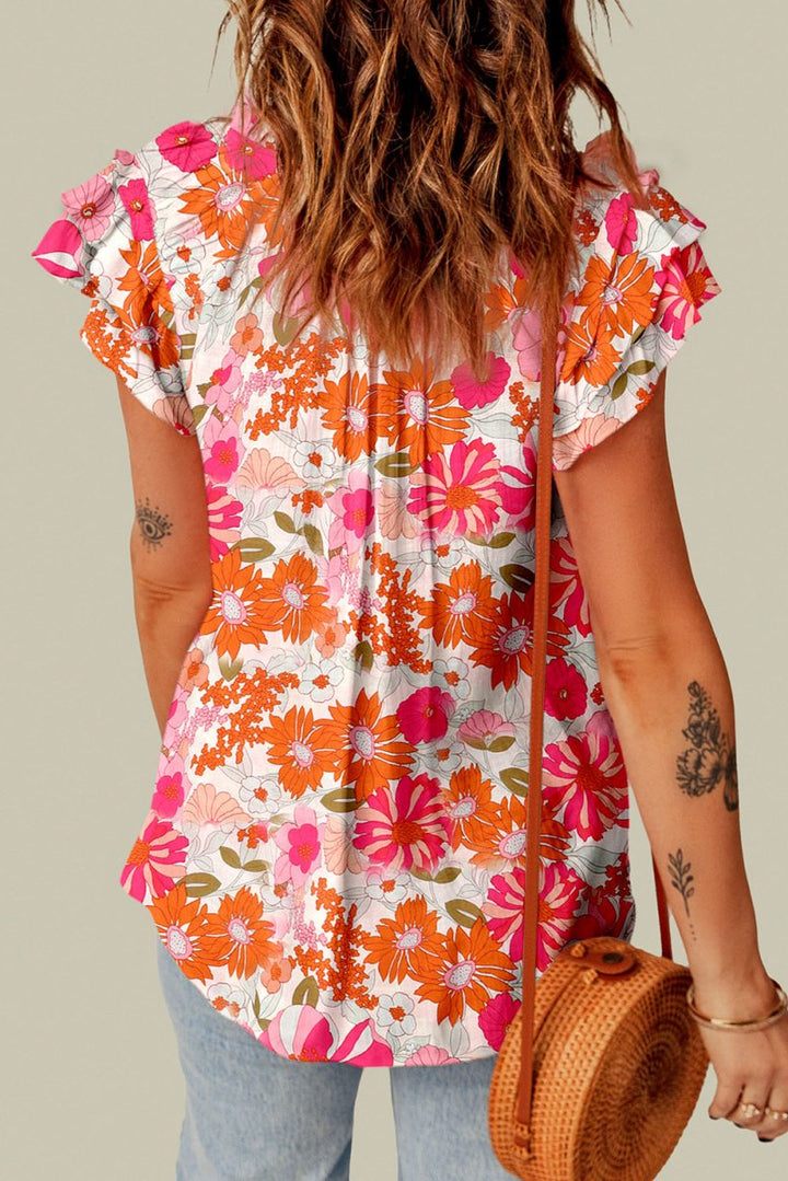 Angelyn Split V Neck Ruffle Sleeve Floral Blouse - Rebel Nomad