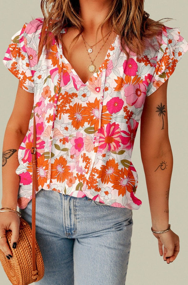 Angelyn Split V Neck Ruffle Sleeve Floral Blouse - Rebel Nomad