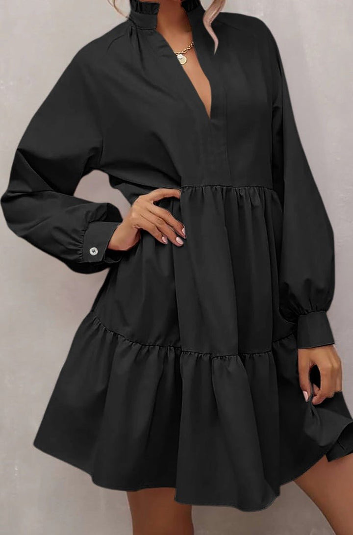 Anjanette Frilled Stand Collar Long Sleeve Ruffle Dress - Rebel Nomad