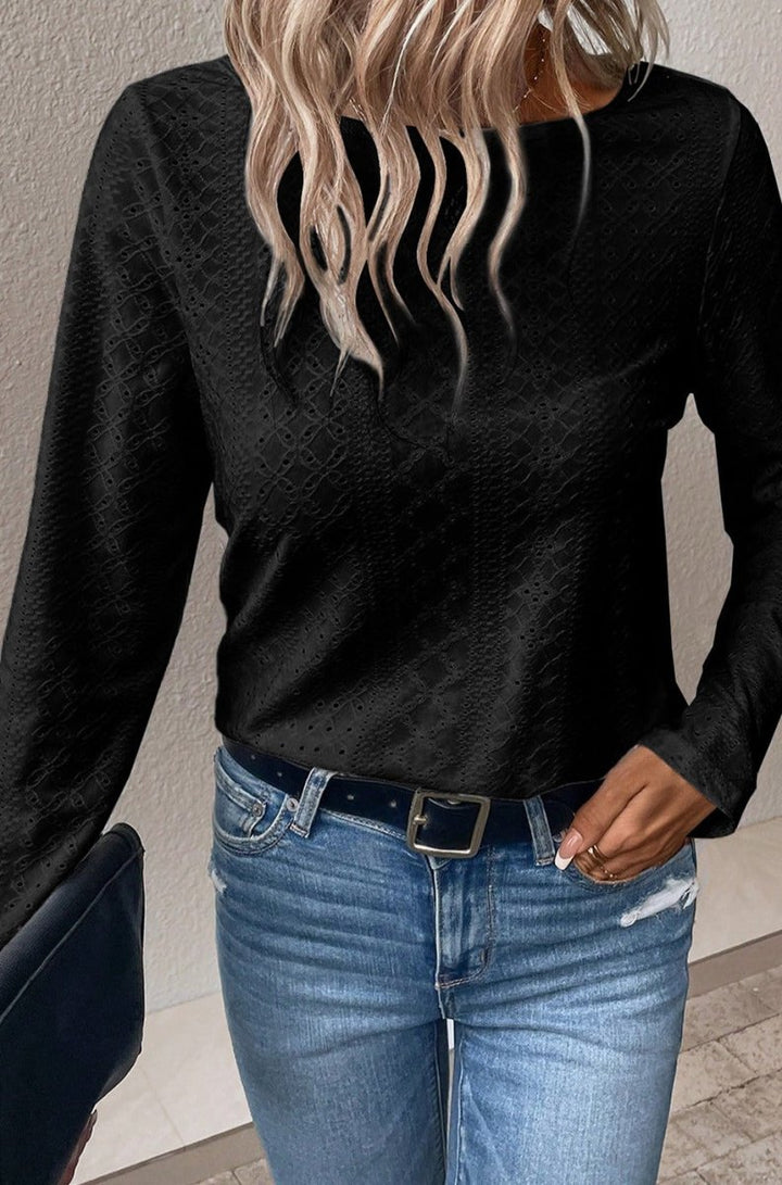 Annamarie Floral Lace Splicing Eyelet Long Sleeve Top - Rebel Nomad