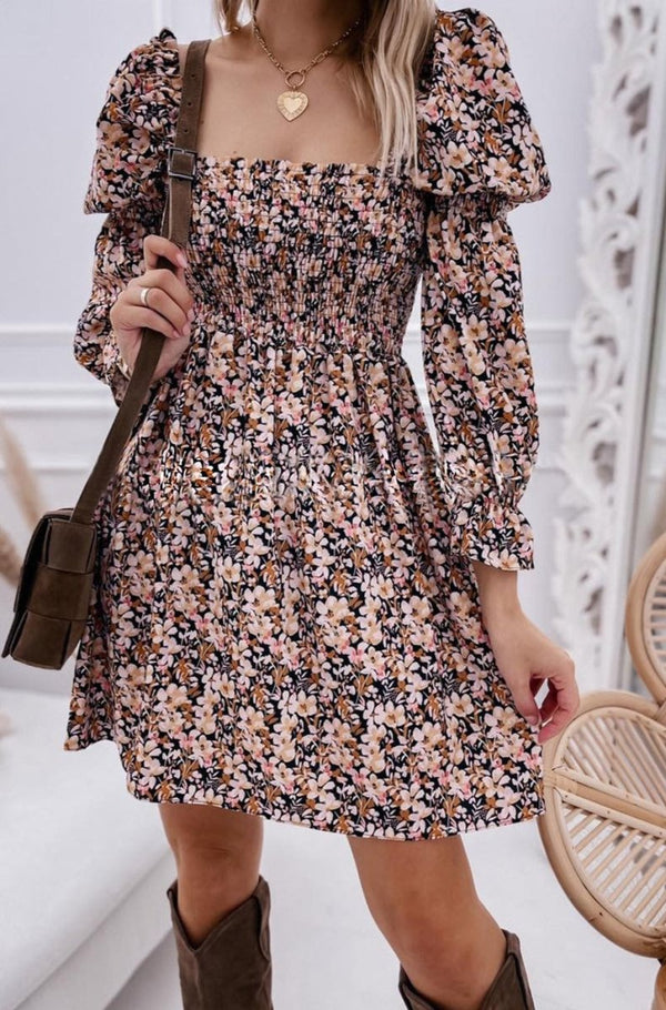 Annie Floral Puff Sleeve Square Neck Smocked Pleated Dress - Rebel Nomad