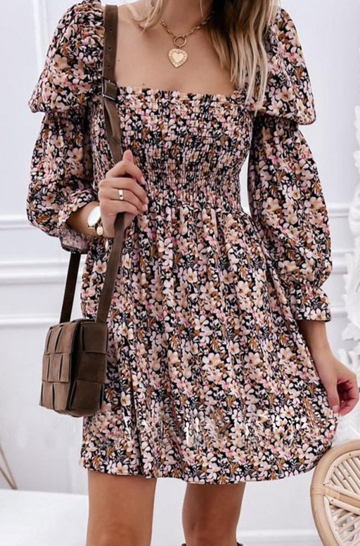 Annie Floral Puff Sleeve Square Neck Smocked Pleated Dress - Rebel Nomad