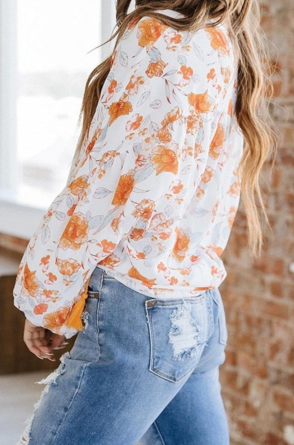 Ardell Tassel Tie V Neck Bubble Sleeve Floral Blouse - Rebel Nomad