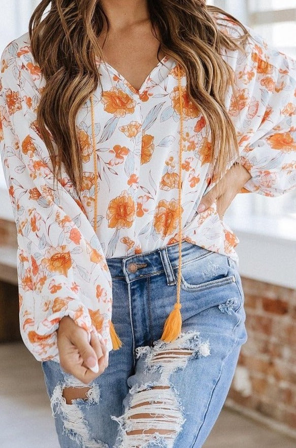 Ardell Tassel Tie V Neck Bubble Sleeve Floral Blouse - Rebel Nomad