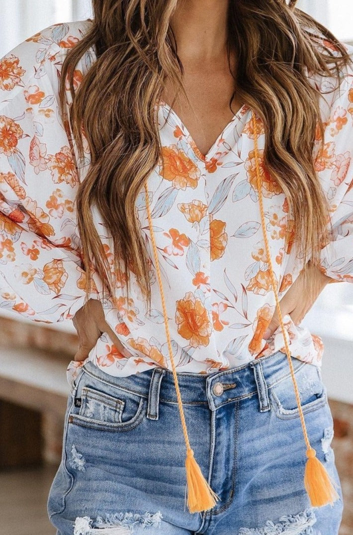 Ardell Tassel Tie V Neck Bubble Sleeve Floral Blouse - Rebel Nomad