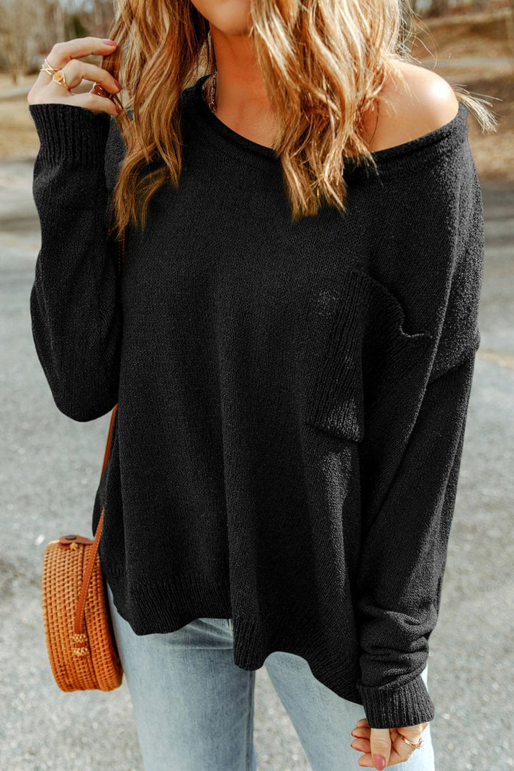 Arianna Solid Color Off Shoulder Rib Knit Sweater with Pocket - Rebel Nomad