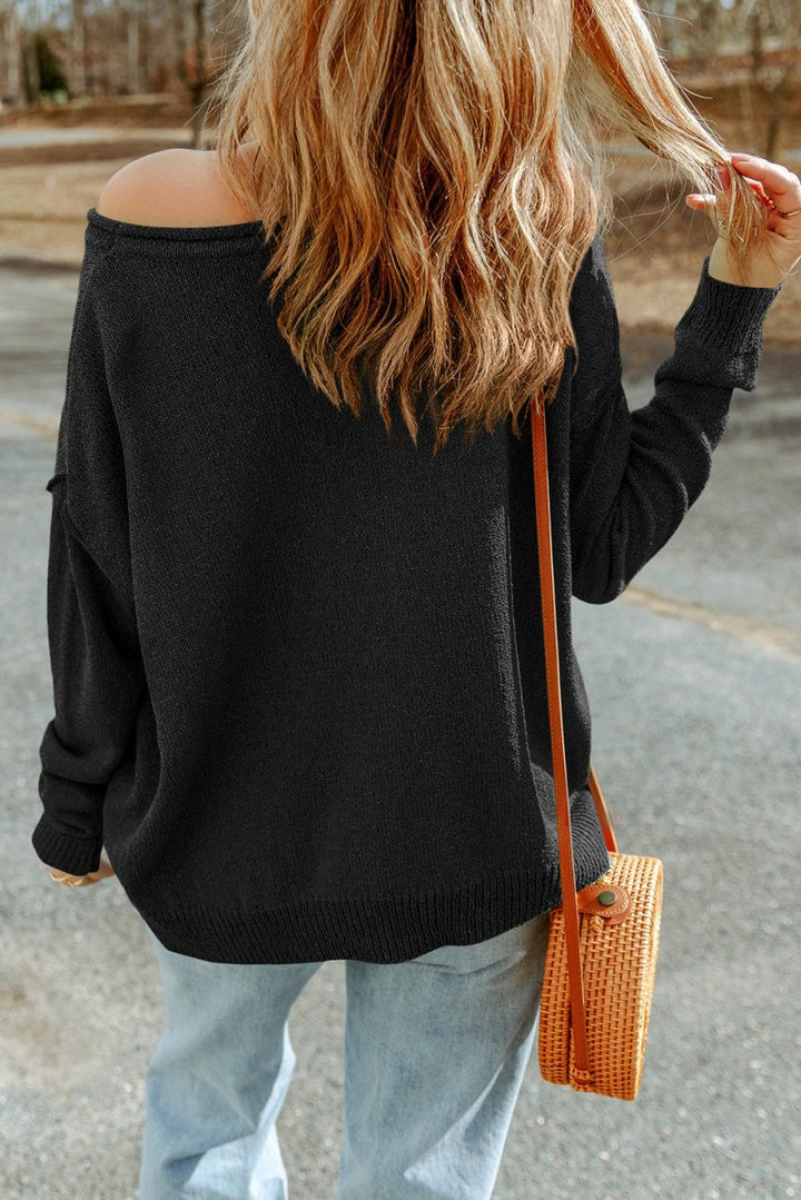 Arianna Solid Color Off Shoulder Rib Knit Sweater with Pocket - Rebel Nomad