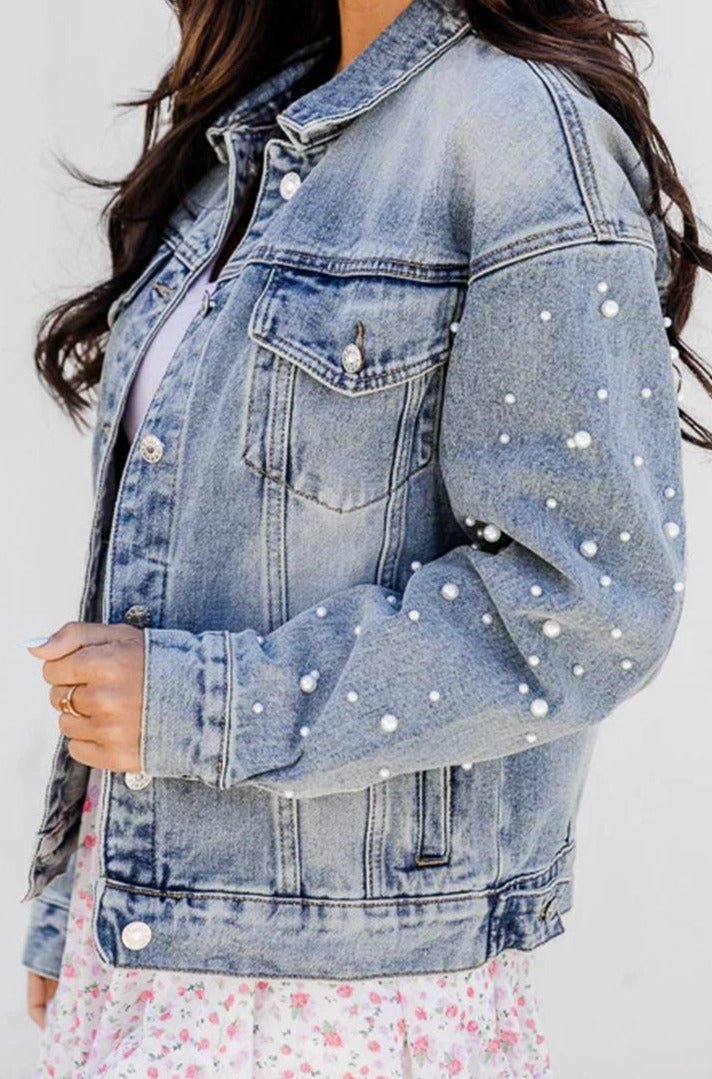 Ashanti Pearl Beaded Chest Pockets Buttoned Denim Jacket - Rebel Nomad