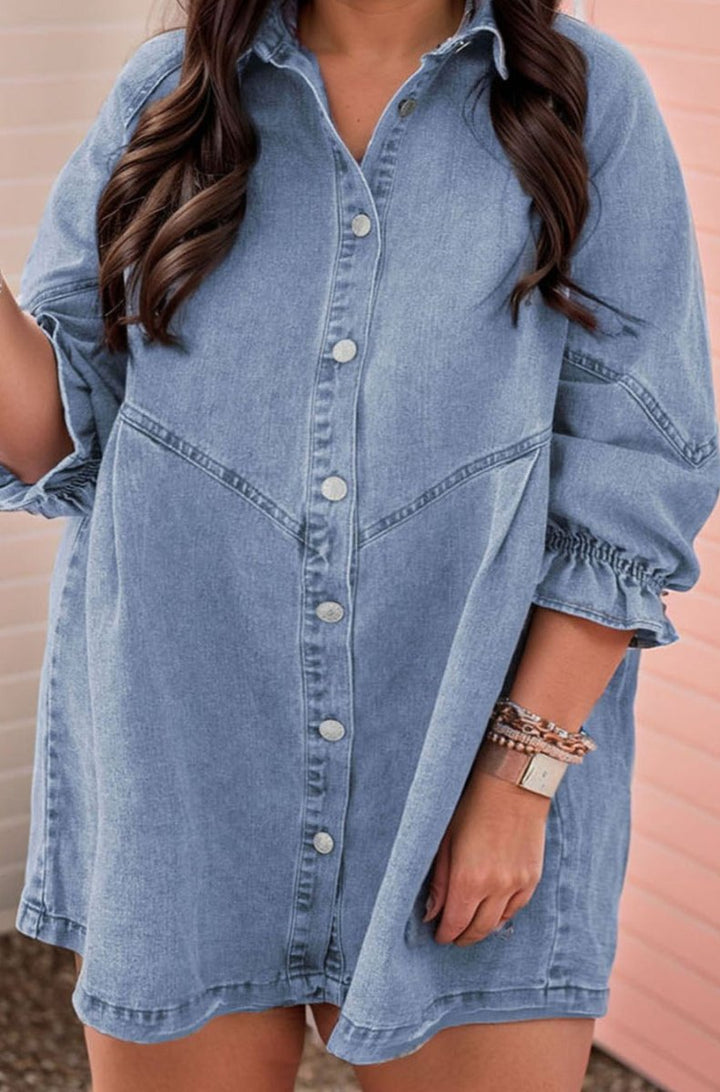 Astryth Plus-Size Ruffled 3/4 Sleeve Buttoned Front Denim Dress - Rebel Nomad