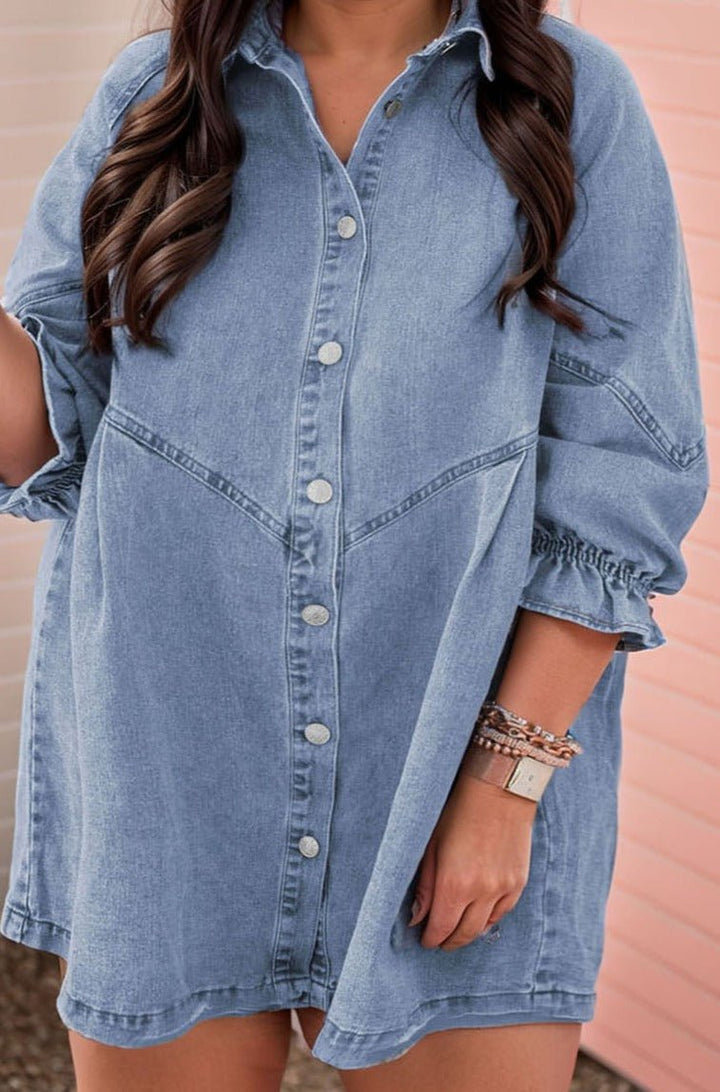 Astryth Plus-Size Ruffled 3/4 Sleeve Buttoned Front Denim Dress - Rebel Nomad