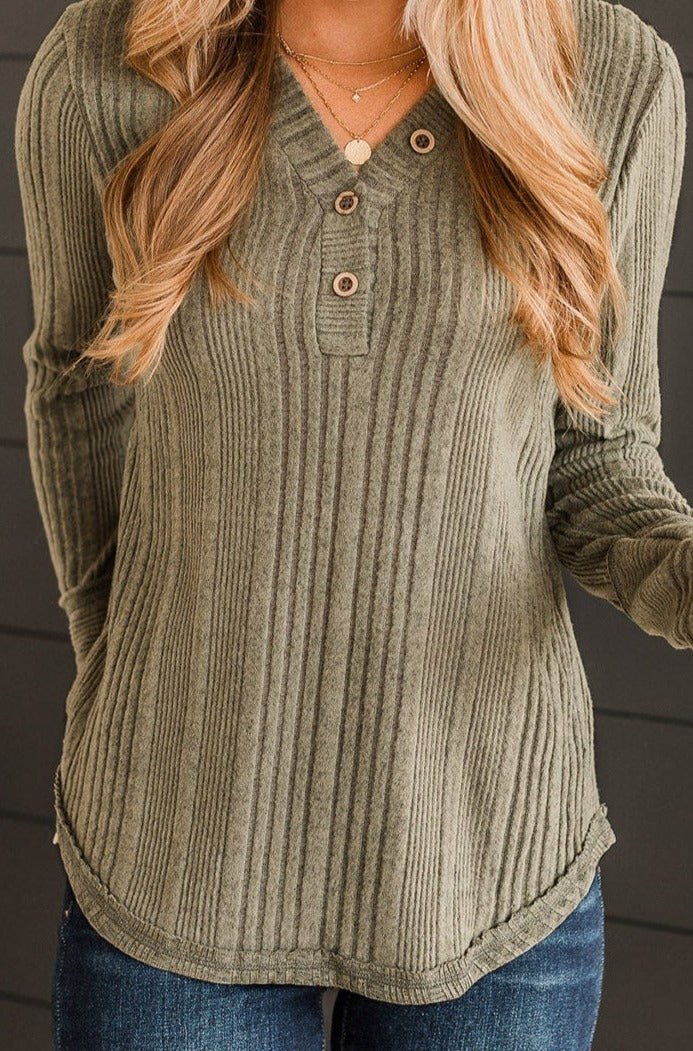 Aurea V Neck Buttoned Ribbed Knit Top - Rebel Nomad